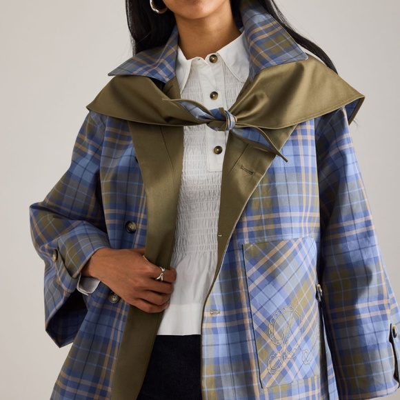 Olive Trench Coat with Blue Plaid Accent - Picture 2 of 6